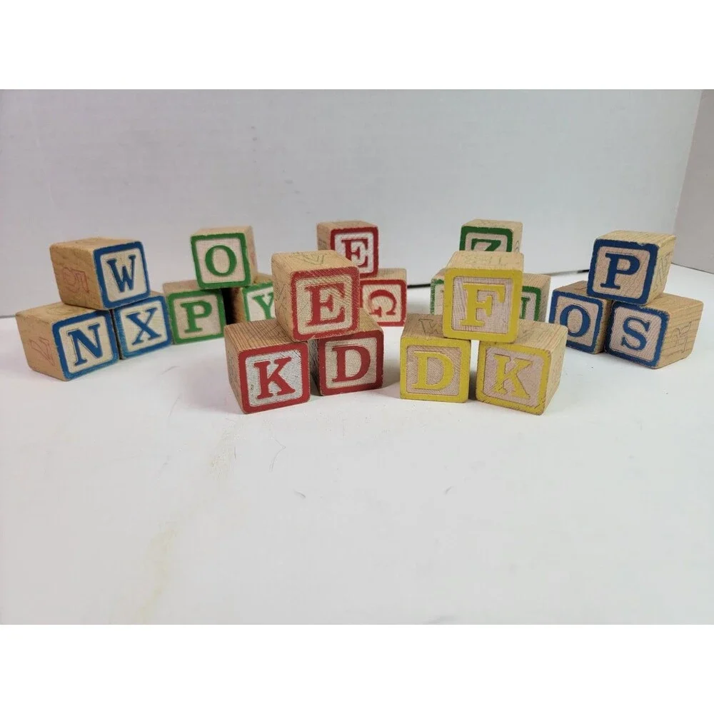 Wooden Alphabet ABC Blocks Vintage Style Colored Letter Learning Toy Lot